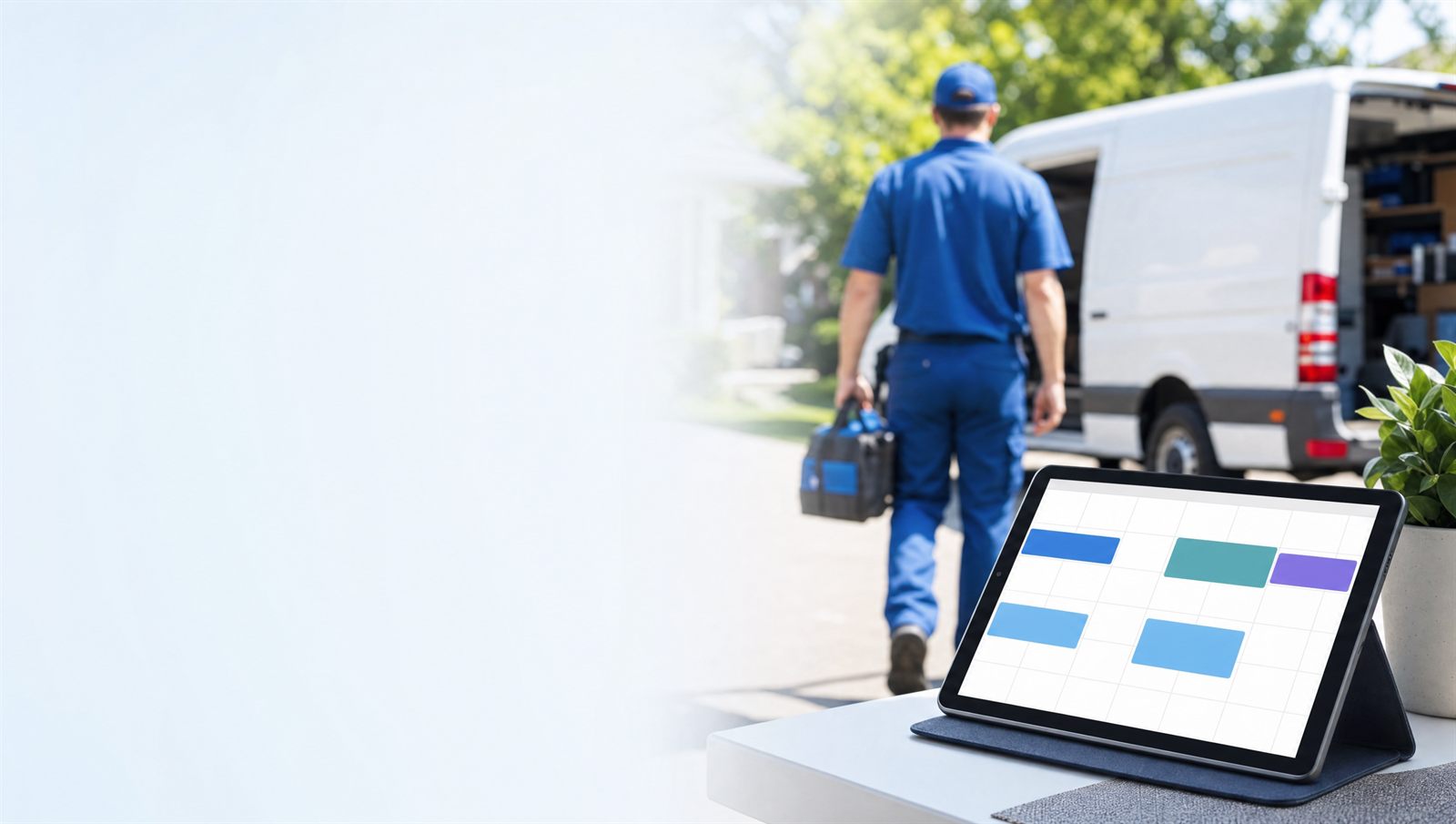 Tablet showing a calendar schedule with a technician walking to a van in the background
