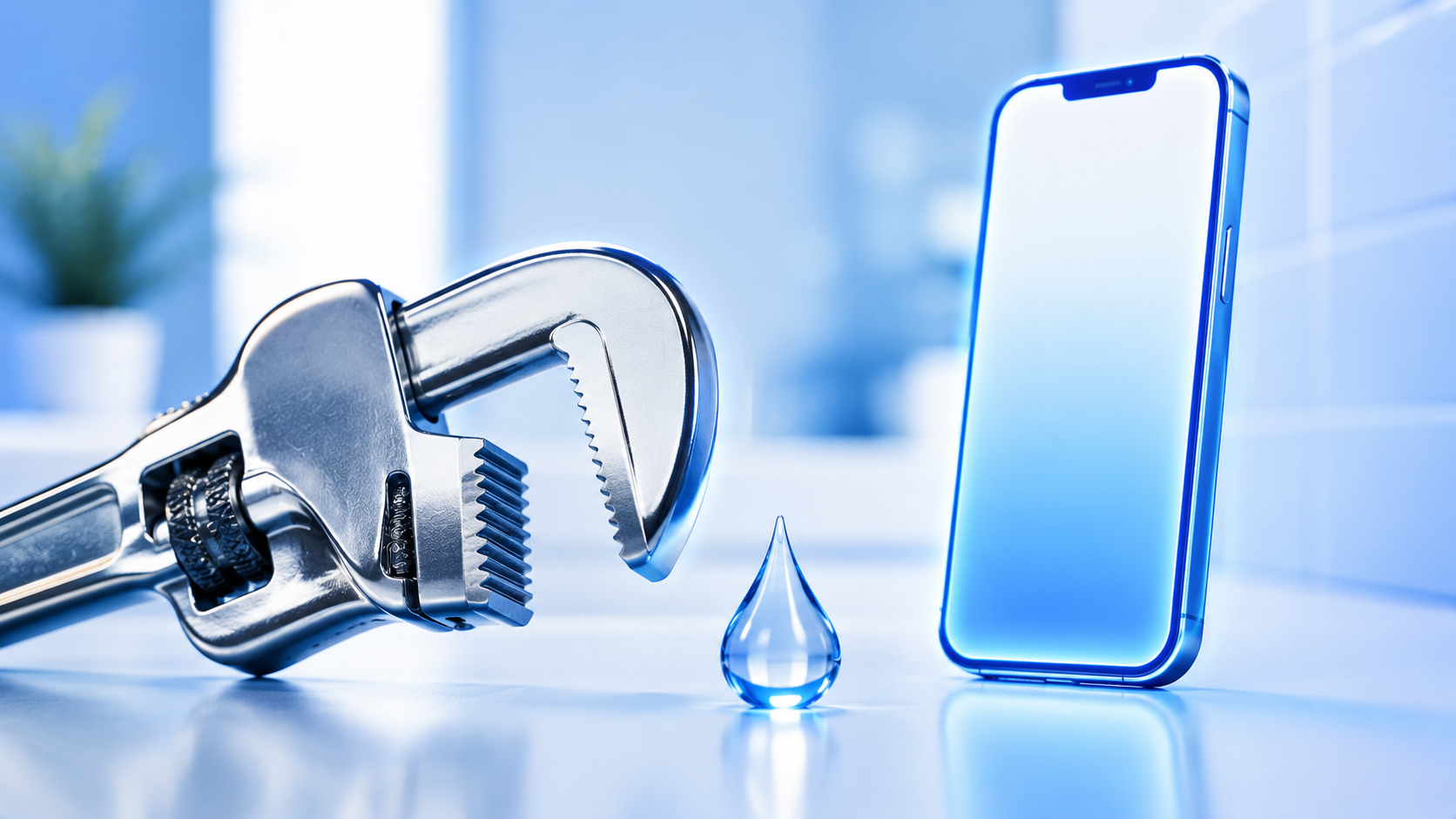 Plumber under a sink with a wrench while a glowing phone nearby shows an auto-reply text being sent