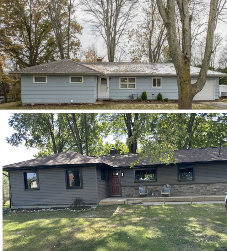 Full exterior transformation in Rochester NY — new roof, vinyl and stone siding, black tinted windows, entry door and front patio by Chase Impressions