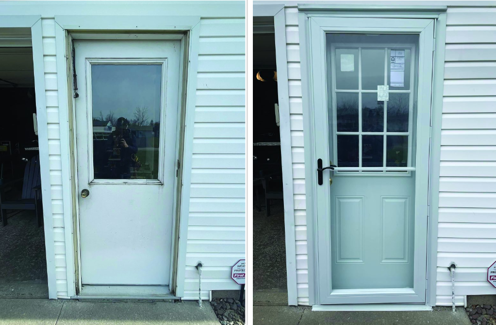 Before and after door replacement in Rochester NY — old door replaced with new by Chase Impressions