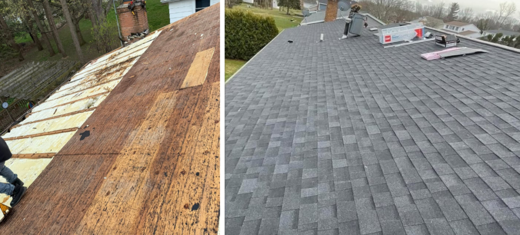 Before and after roof replacement on Rochester NY home — new asphalt shingles installed by Chase Impressions