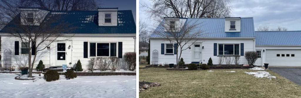 Before and after roof replacement in Rochester NY — old worn shingles replaced with new architectural shingles by Chase Impressions
