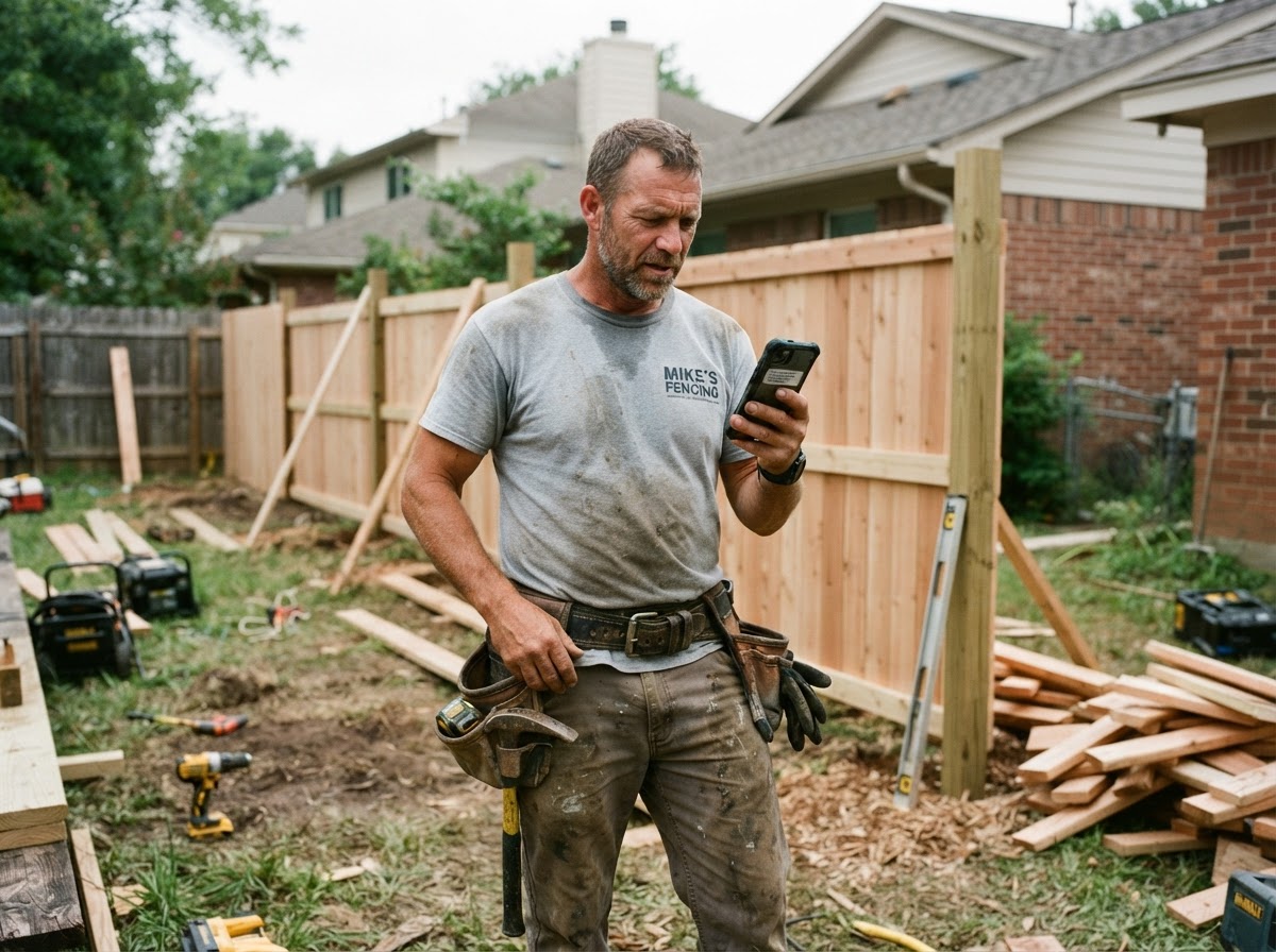 Fence contractor receiving a new lead notification on his phone while working on a fence installation