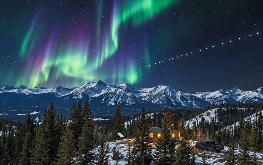 Northern lights over a remote cabin