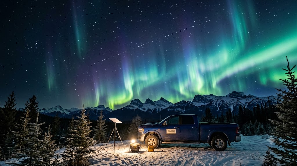 Starlink setup under northern lights in Northern Alberta
