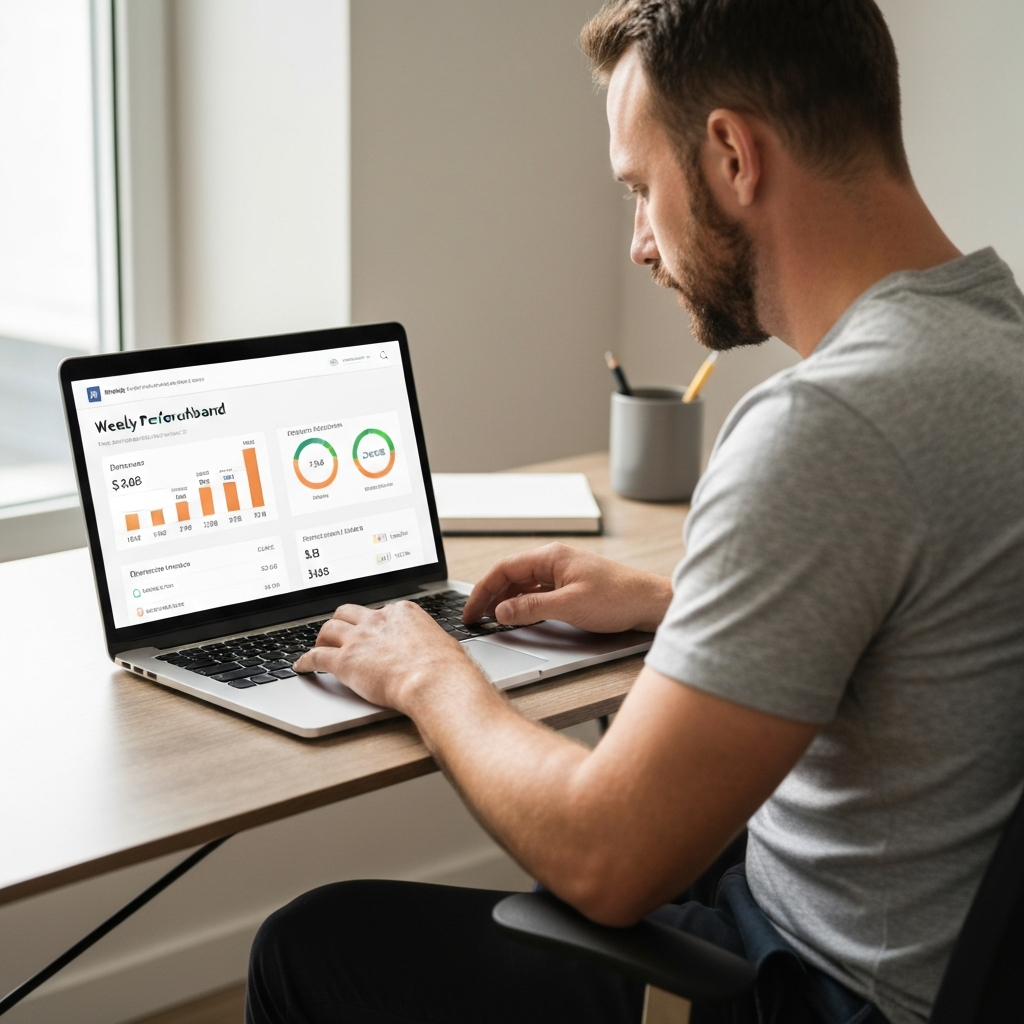 Contractor reviewing a simple weekly business dashboard on a laptop showing revenue, job costs, and outstanding invoices