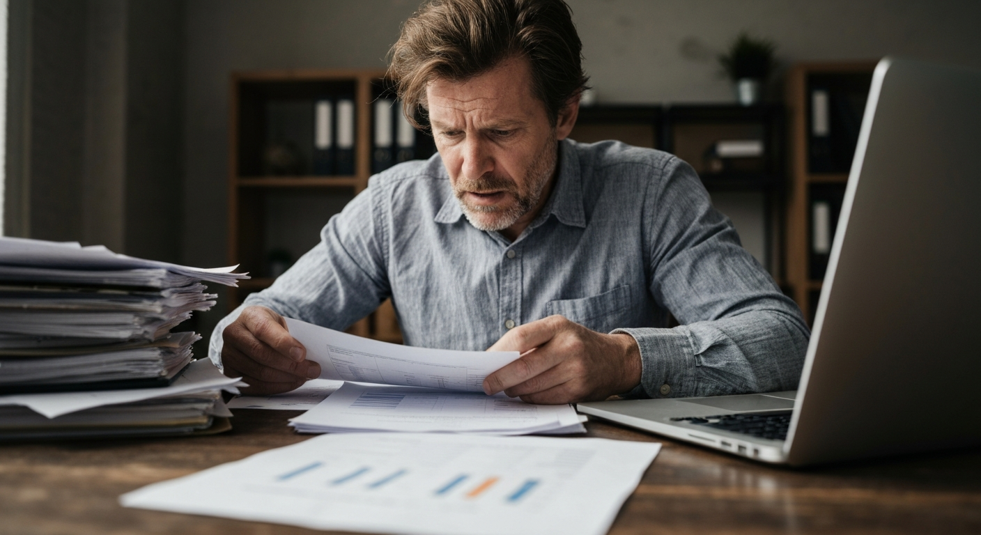 Contractor looking at financial papers on a desk, representing financial management and cash flow