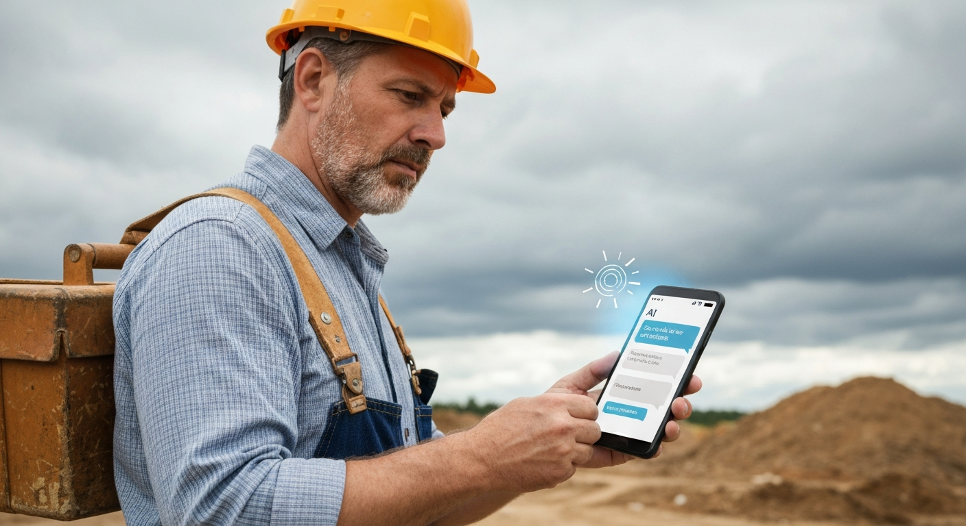 Contractor on a job site with a smartphone showing an AI chat conversation booking an estimate, representing AI automation for contracting businesses