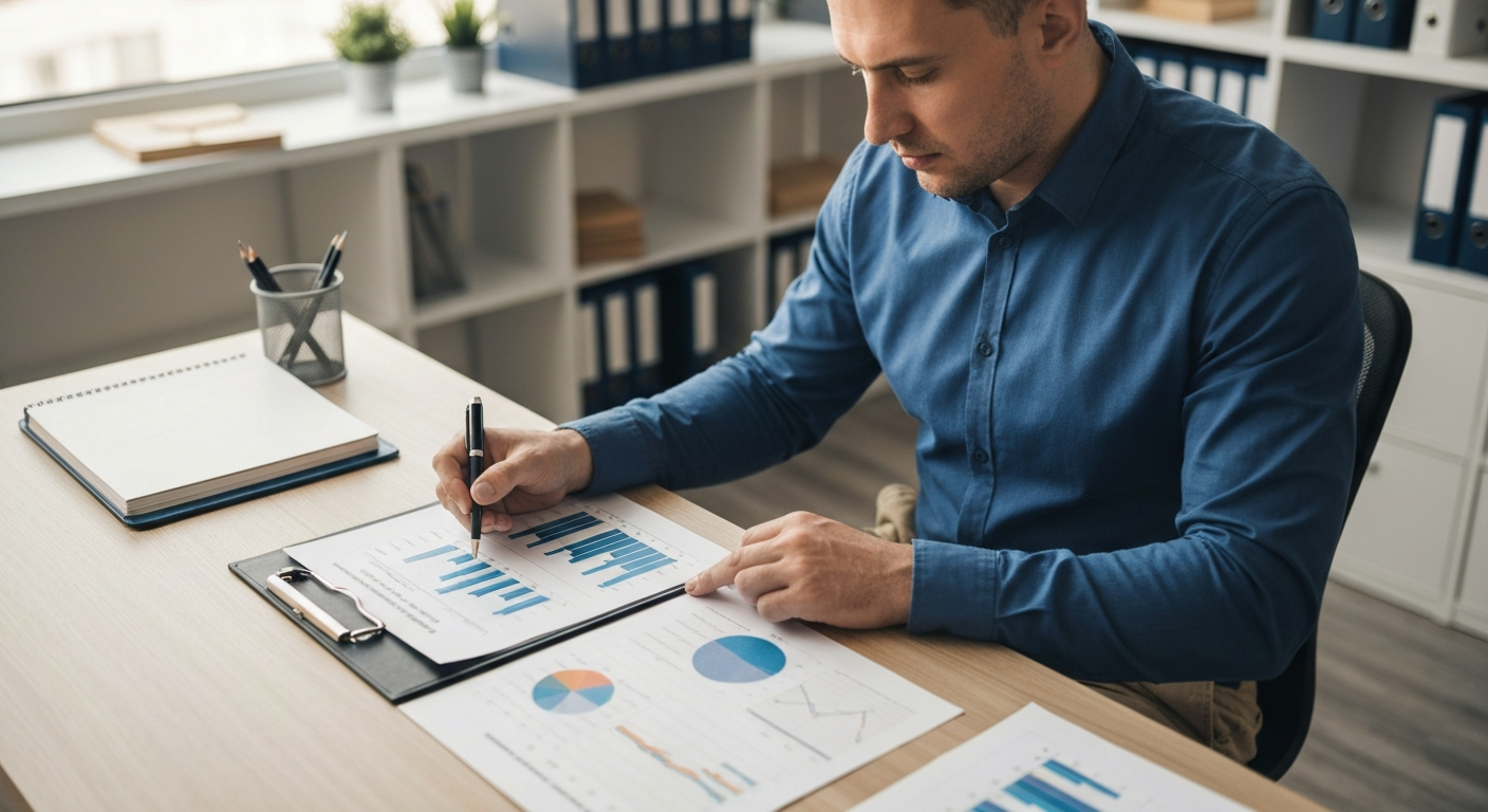 Contractor reviewing business strategy at a desk instead of on a job site, representing the shift from tradesperson to CEO mindset
