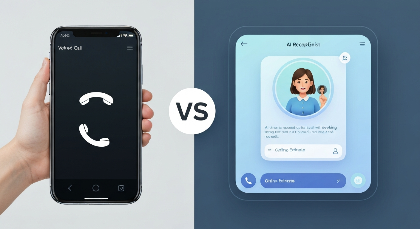 Split-screen showing a missed call going to voicemail next to an AI receptionist instantly booking an estimate, representing lost jobs vs. instant response