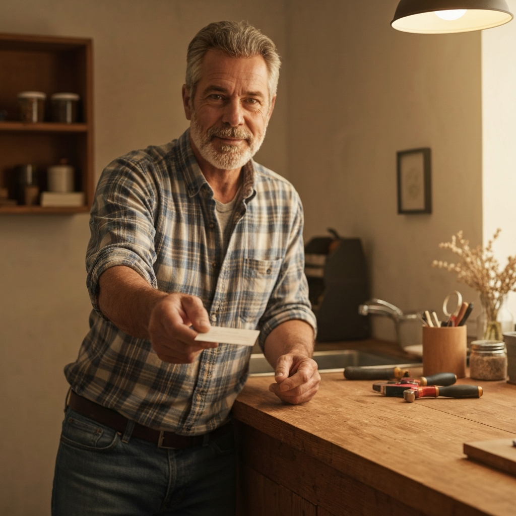 Small business owner exchanging a business card with a customer