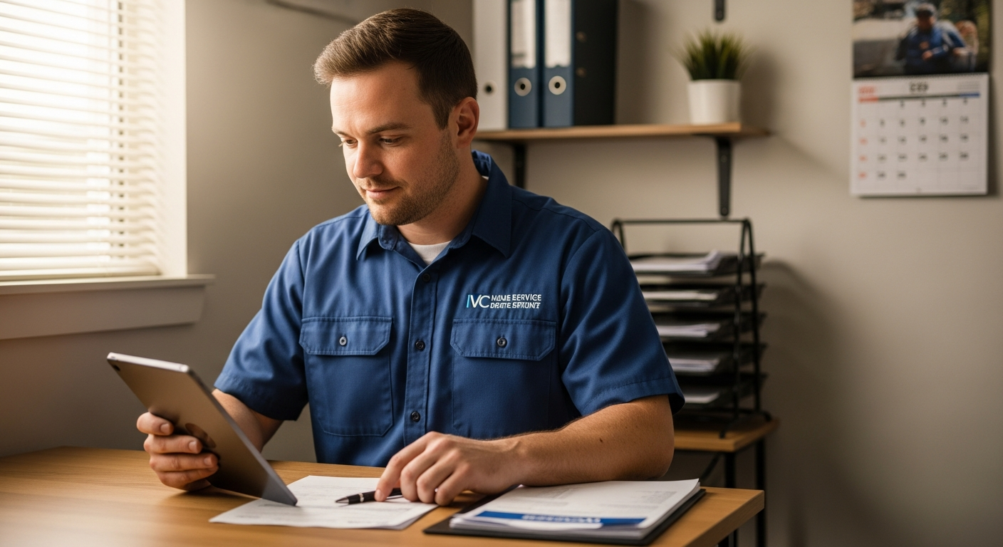 Professional home service small business owner reviewing paperwork