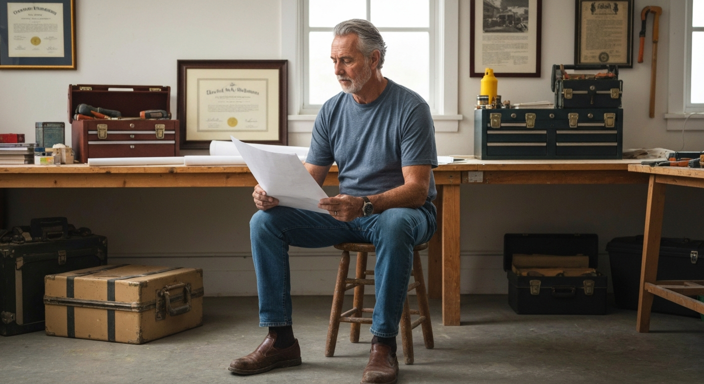 Experienced contractor reflecting on lessons learned, symbolizing decades of business wisdom for new contractors starting out