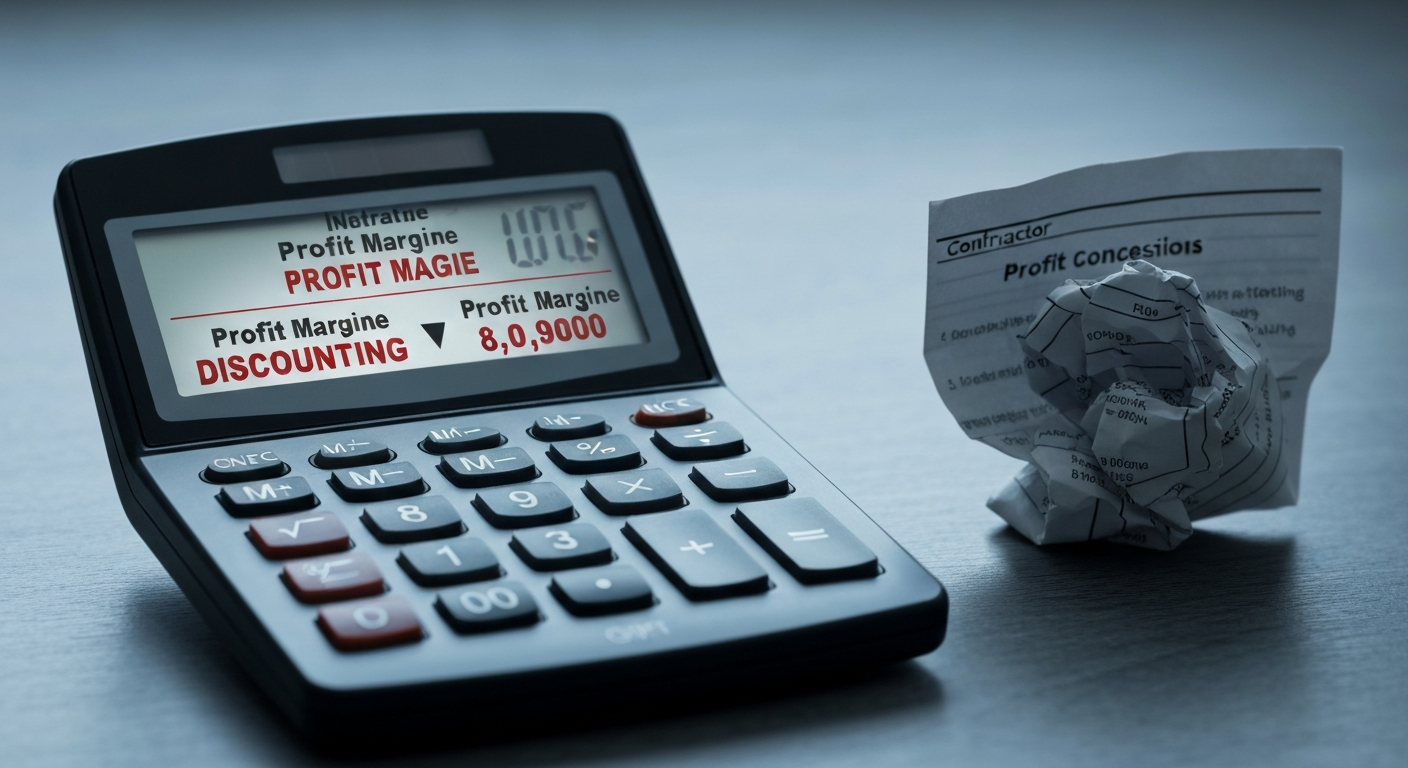Contractor calculator showing profit margin shrinking next to a discounted estimate, representing the hidden cost of discounting