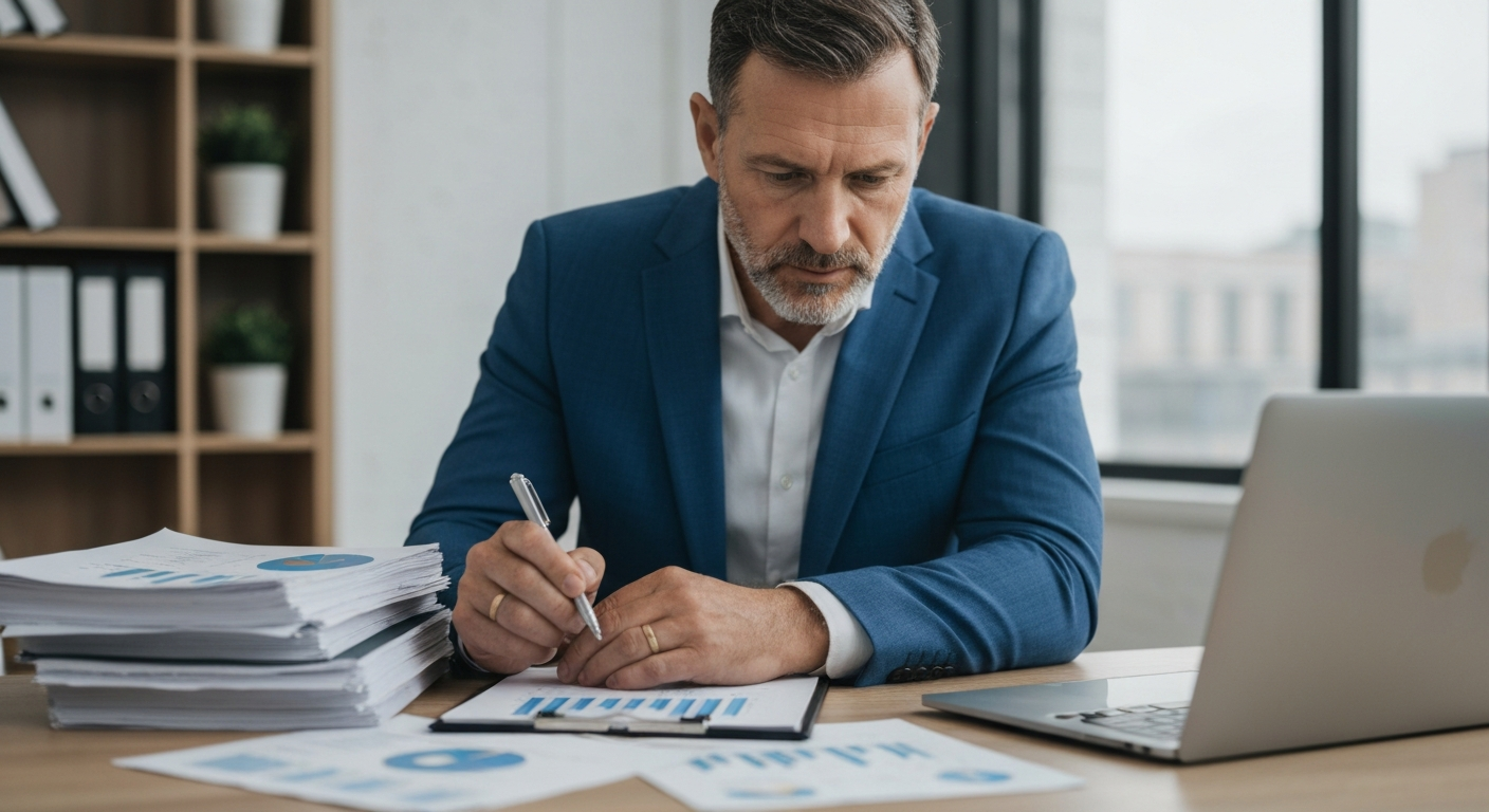 Contractor reviewing business financials and valuation factors, representing what makes a home service business sellable