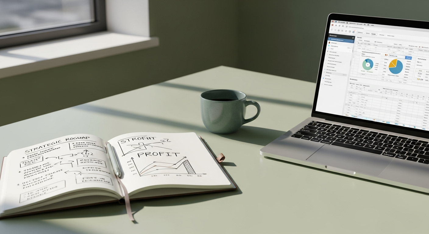 Consultant desk with notebook, roadmap notes, and a clean profit dashboard on a laptop