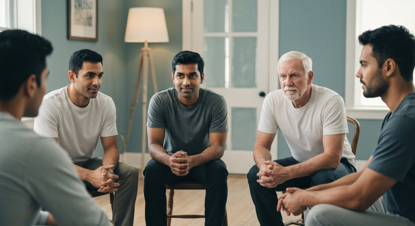 Men in a supportive circle