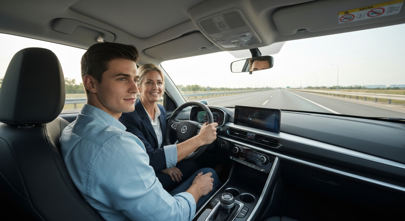 Student and instructor driving on a highway