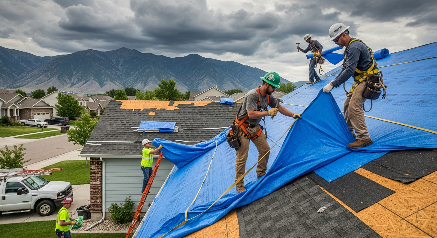 26.2 Roofing crew installing emergency tarp on Orem residential roof after storm damage
