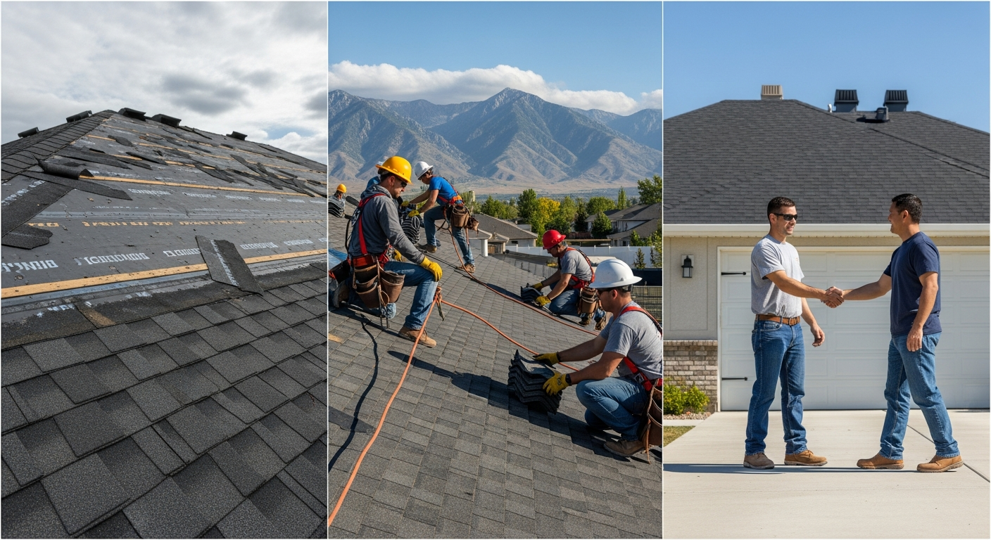 26.2 Roofing completed roof repair walkthrough in Orem — before condition, installation in progress, and final homeowner walkthrough