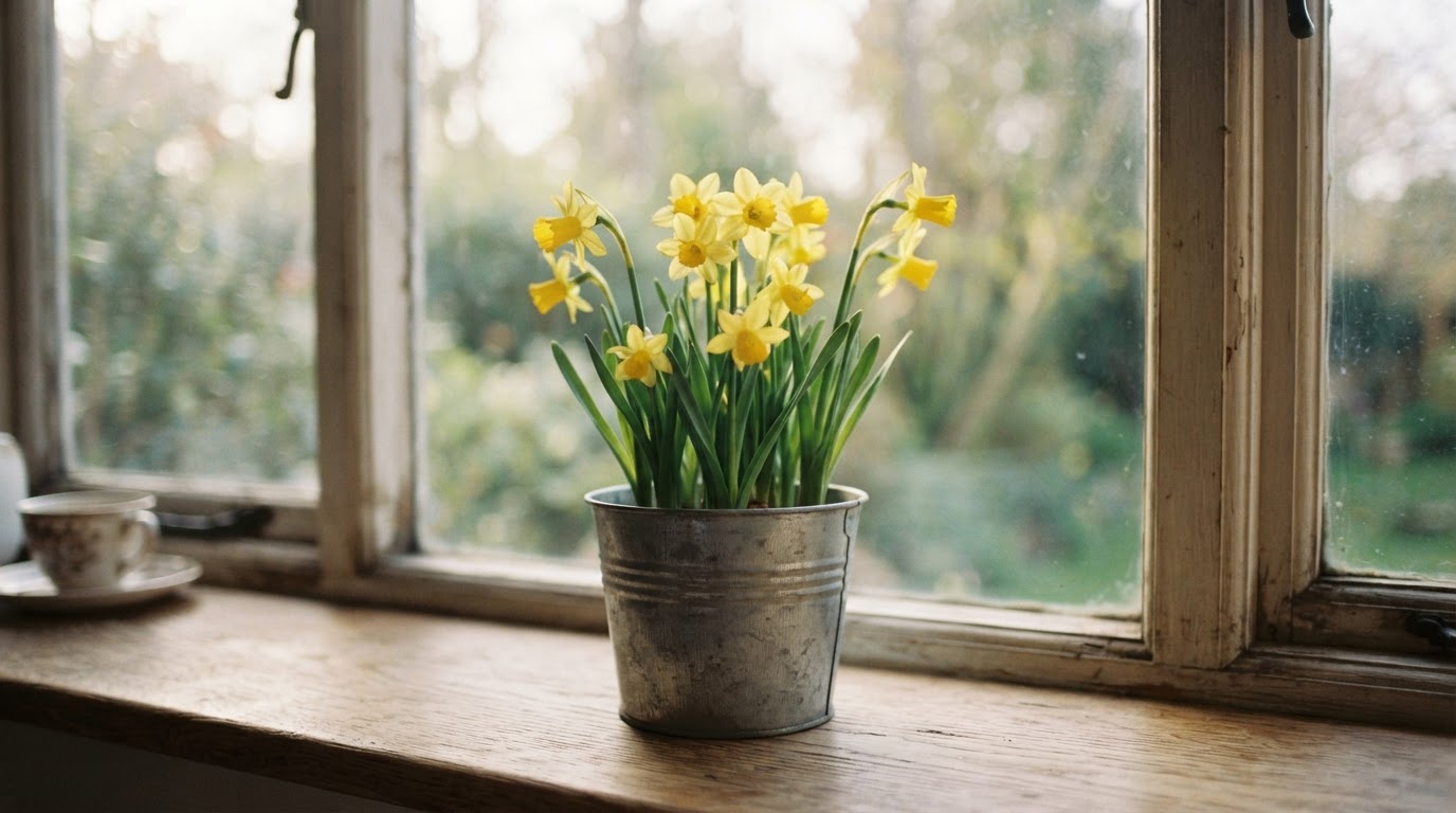 Fresh yellow daffodils in a tin planter β a symbol of survival and renewal