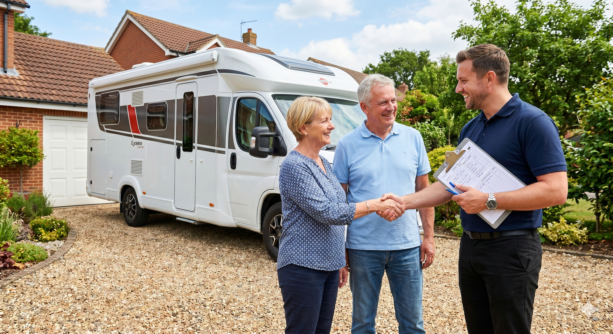 A couple shaking hands with a National Motorhome Buyers team member on their driveway, with a motorhome in the background