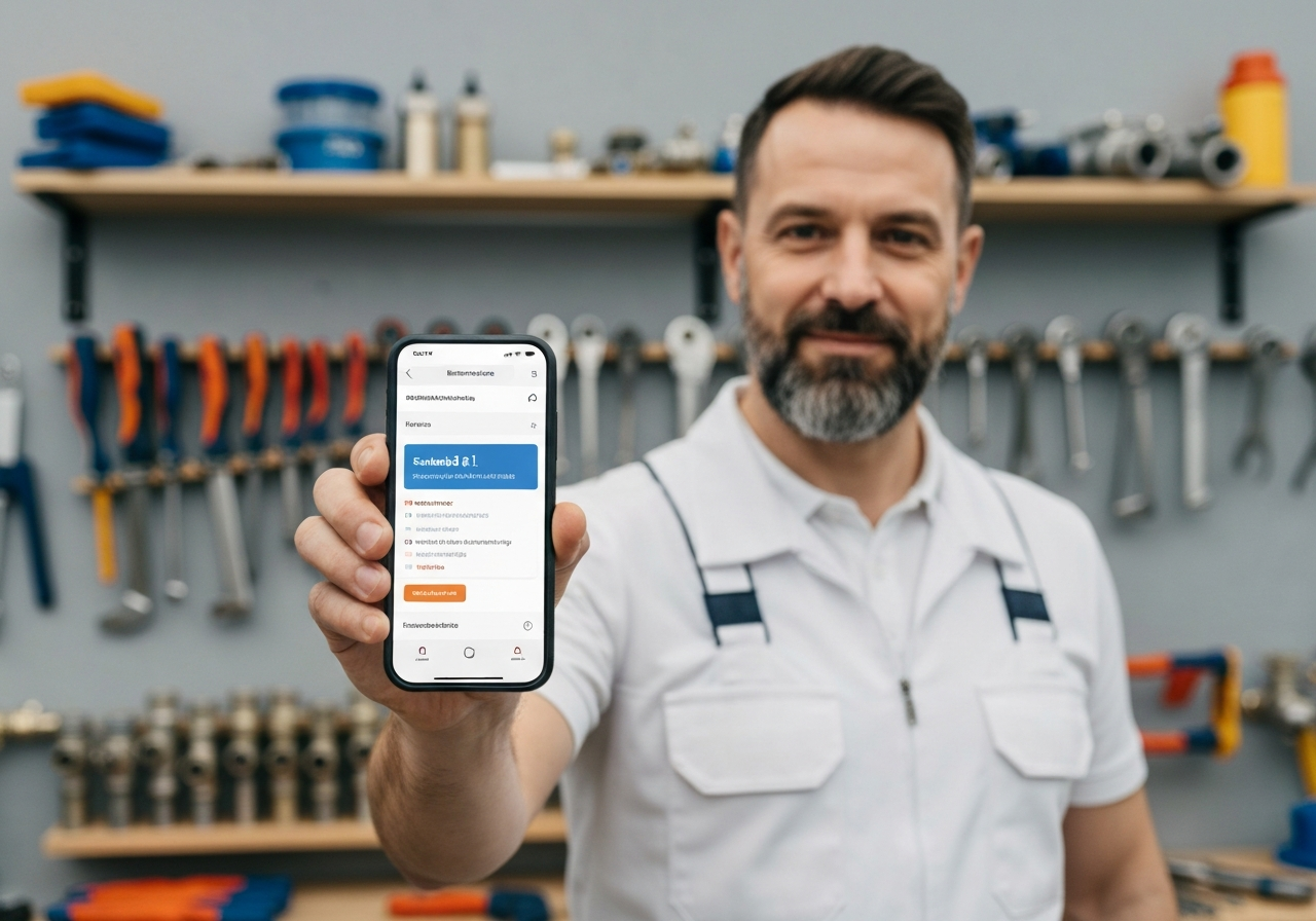 Professional plumber showing his business ranked number one on a phone