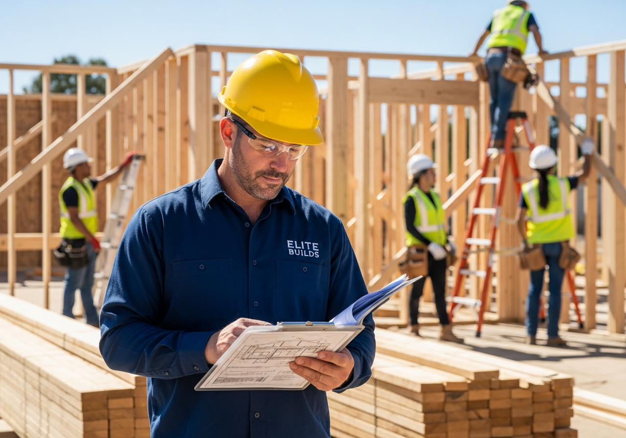 Contractor with company logo on shirt framing a house with crew