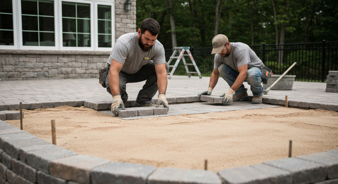 Professional hardscape contractors installing a residential paver patio