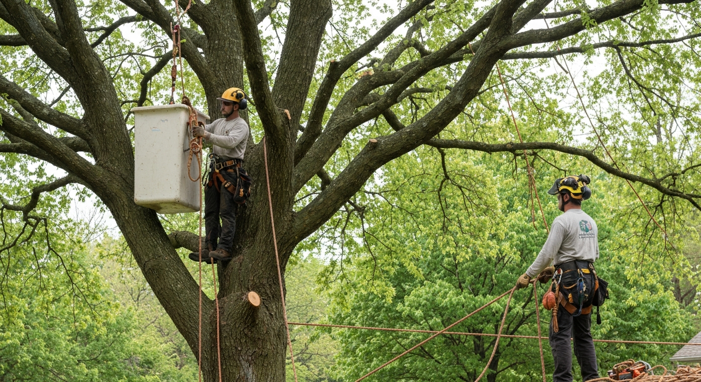 Professional tree service crew pruning a large residential tree