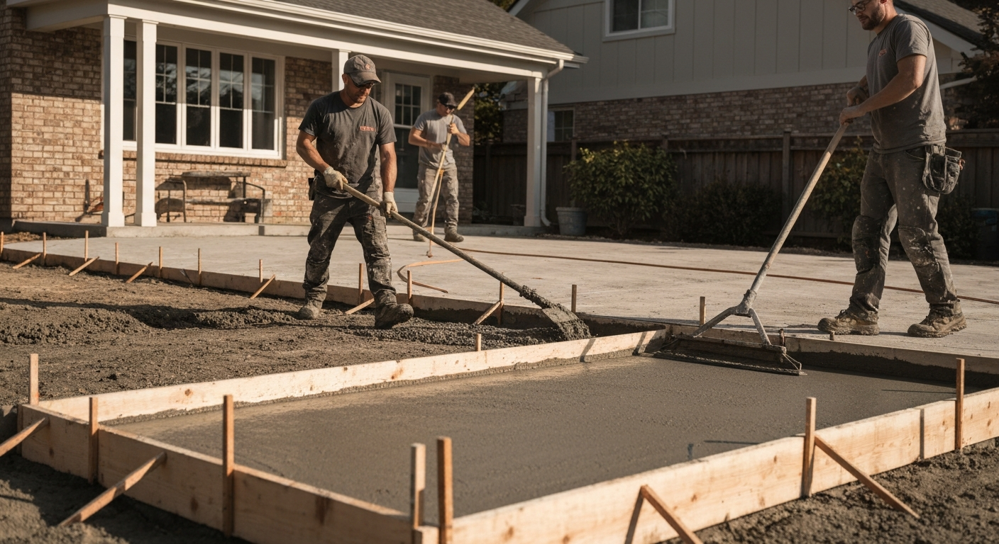 Professional concrete contractors pouring and finishing a residential driveway