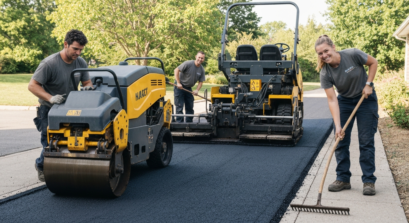 Professional paving contractors installing a new asphalt driveway