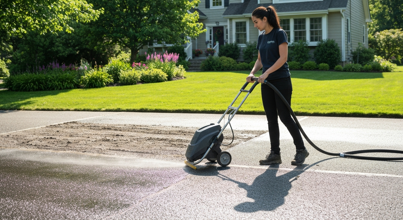 Professional pressure washing technician cleaning a residential driveway