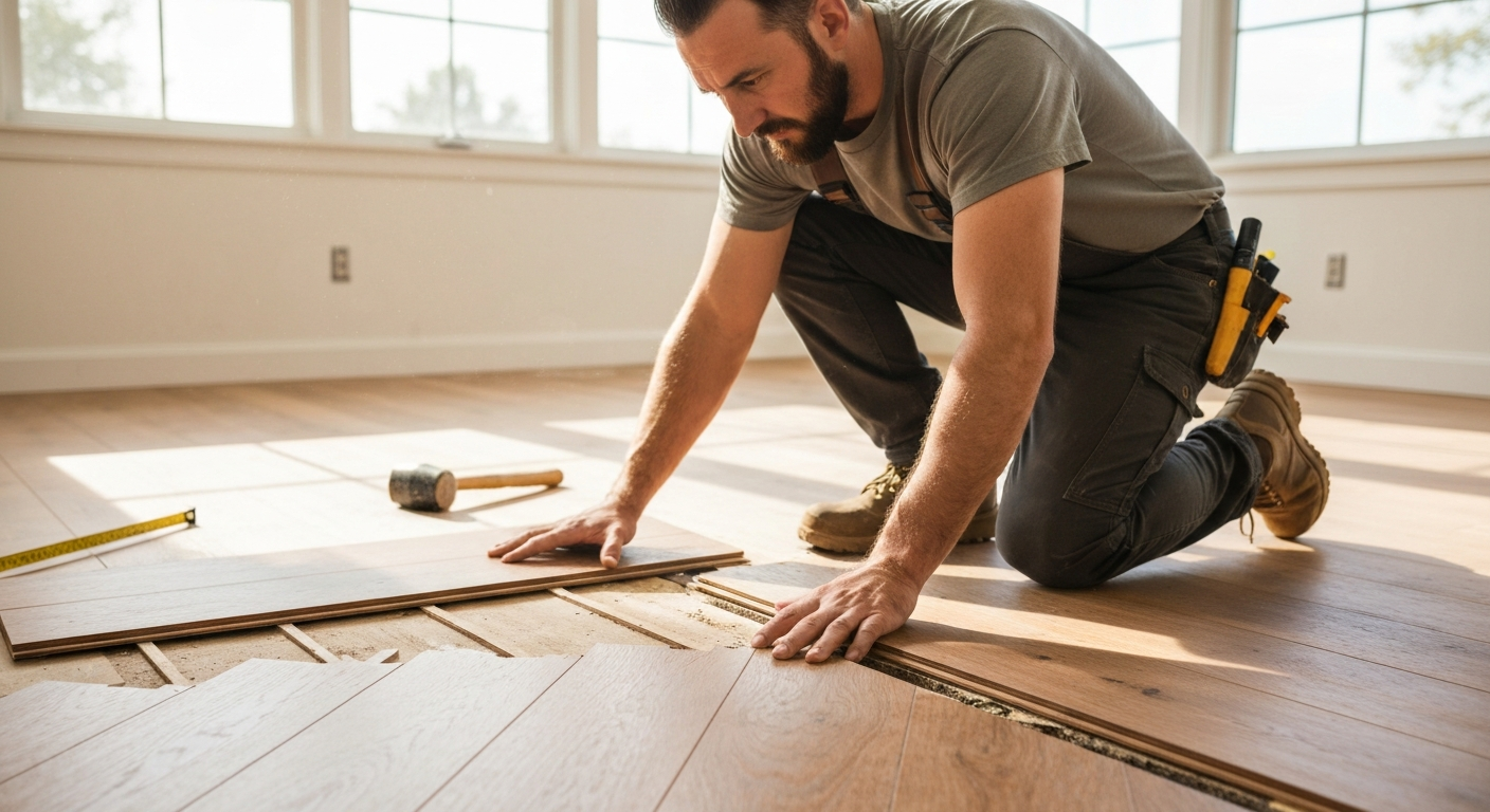 Professional flooring installer installing hardwood flooring in a residential home
