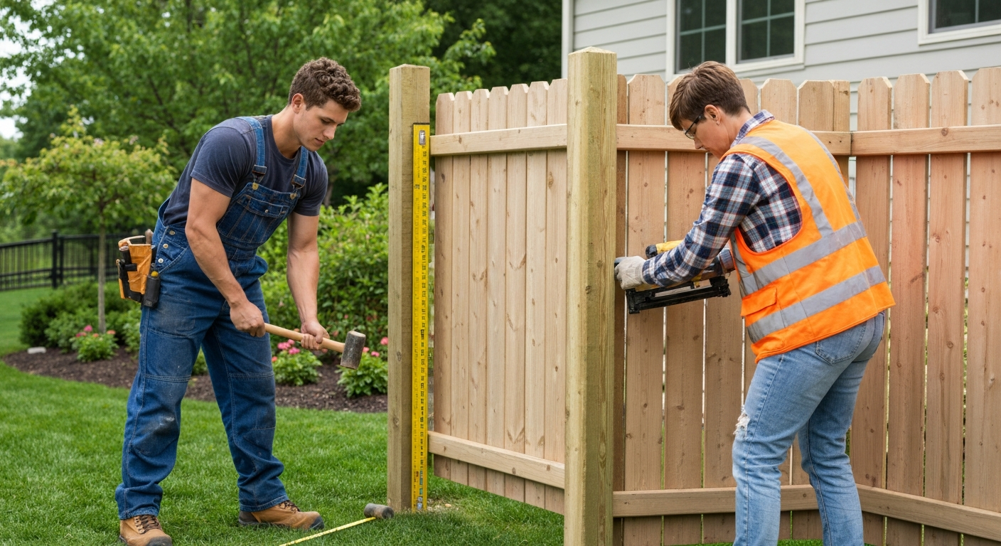 Professional fence contractors installing a residential backyard fence