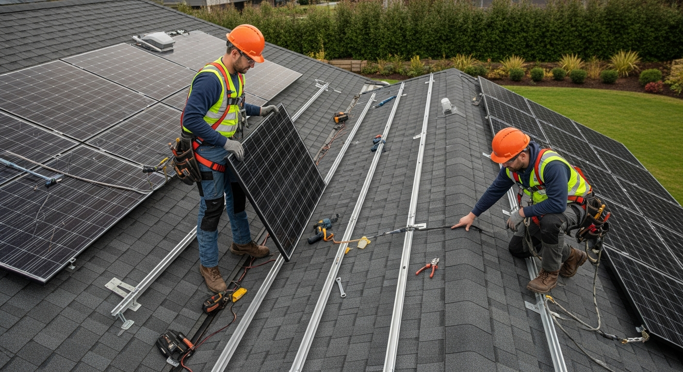 Professional solar installers mounting panels on a residential roof