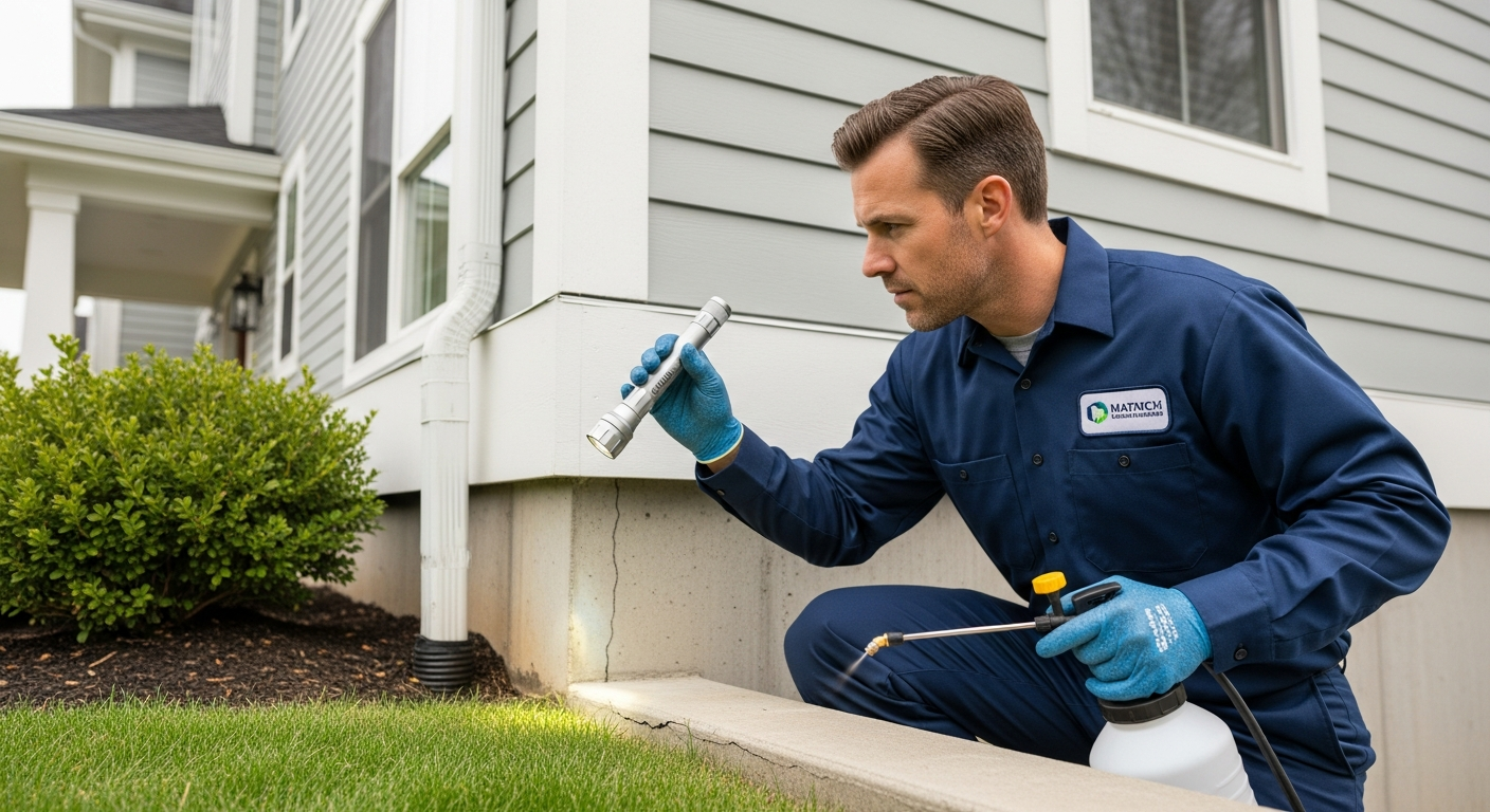 Professional pest control technician inspecting the exterior of a residential home