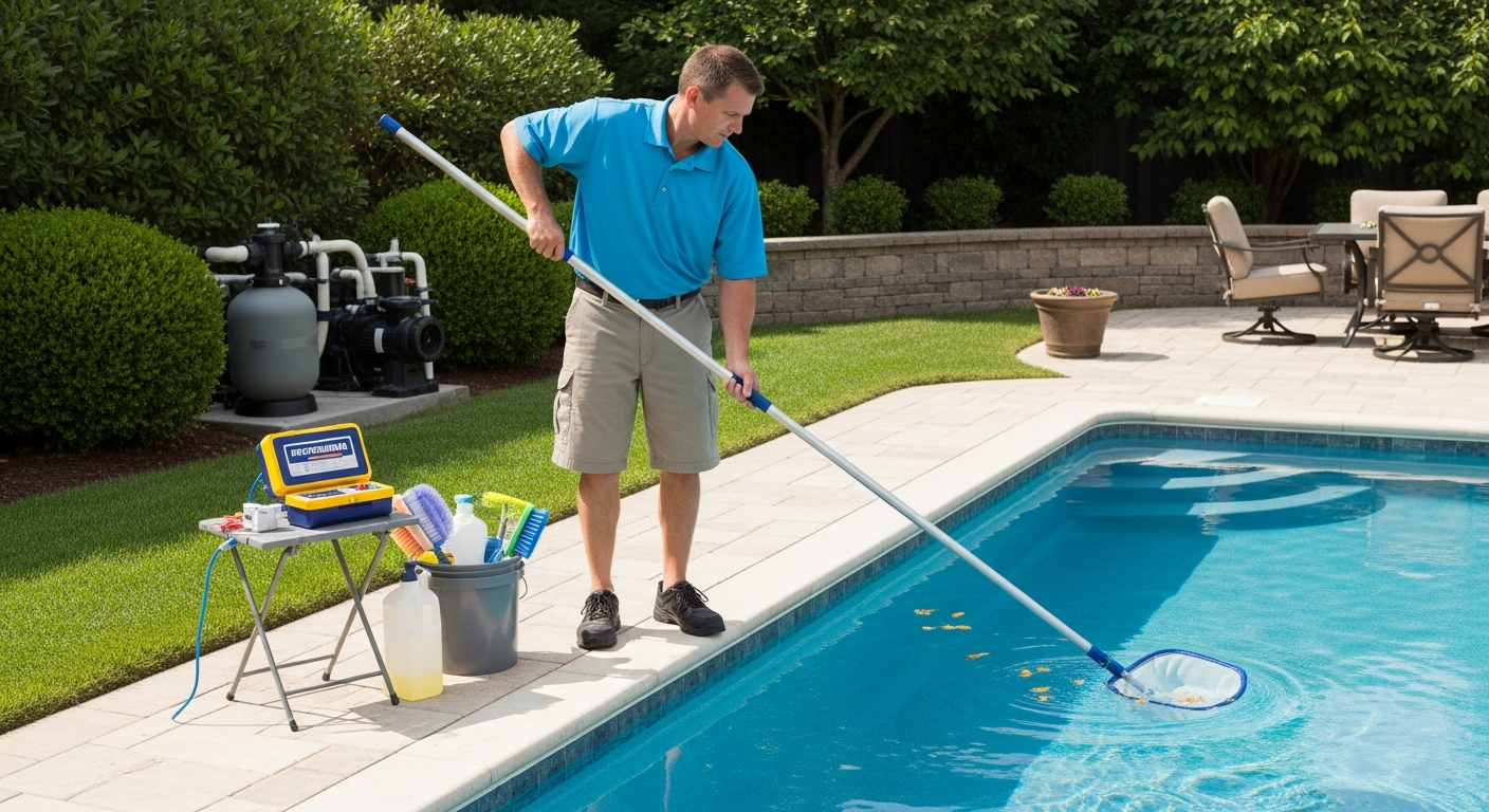 Professional pool technician servicing a residential swimming pool