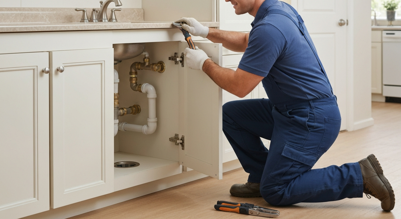 Professional plumber repairing residential plumbing beneath a kitchen sink