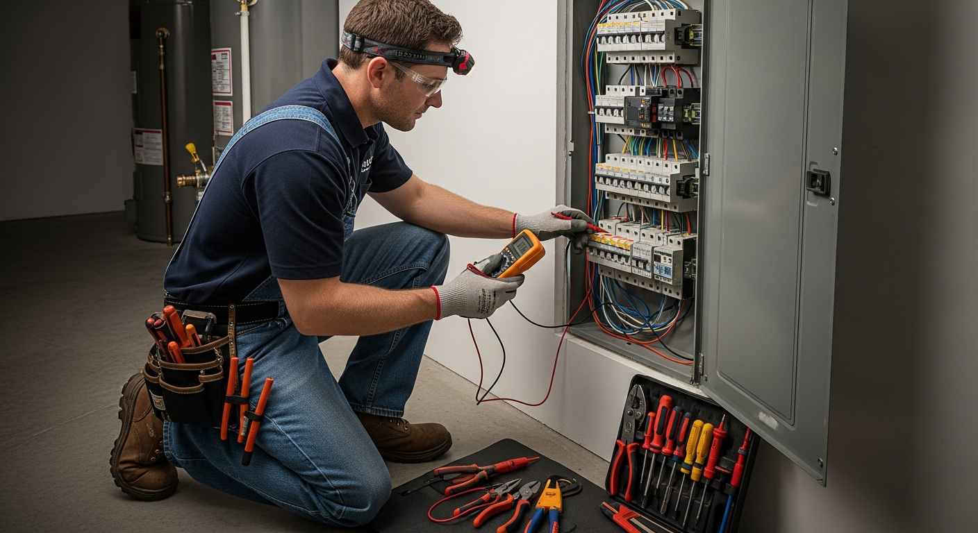Professional electrician inspecting a residential electrical panel