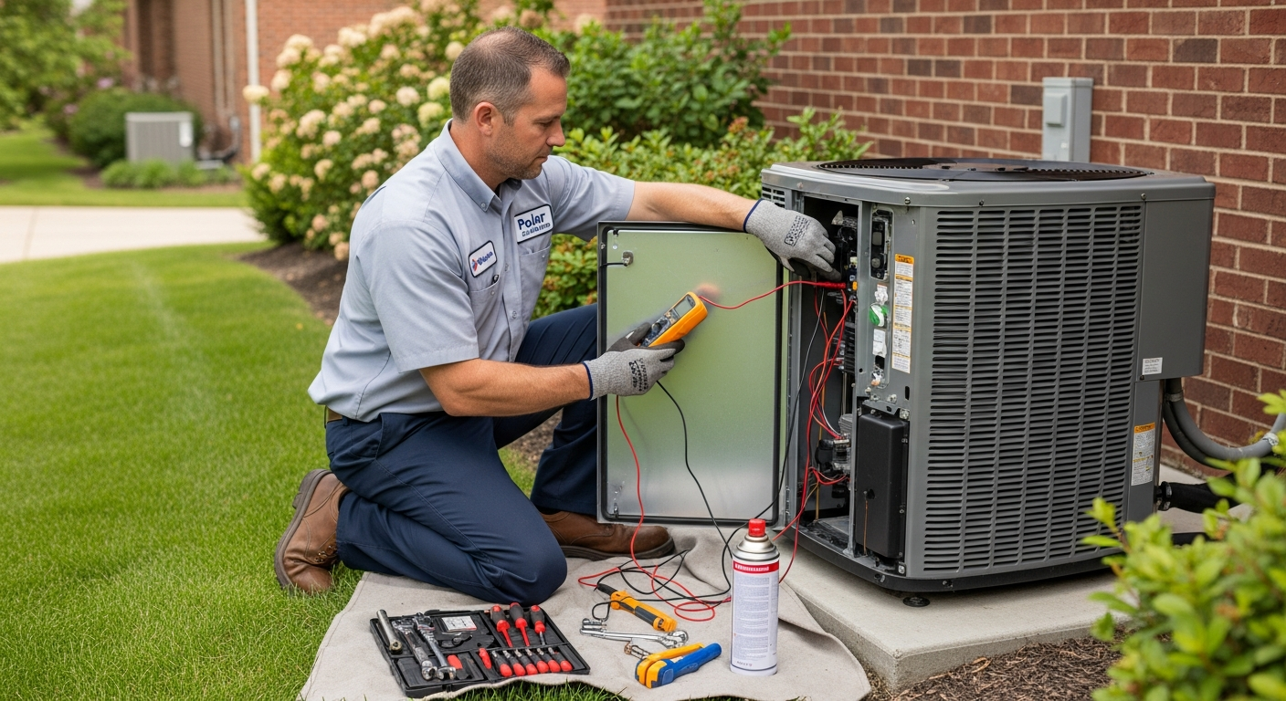 Professional HVAC technician servicing a residential air conditioning system