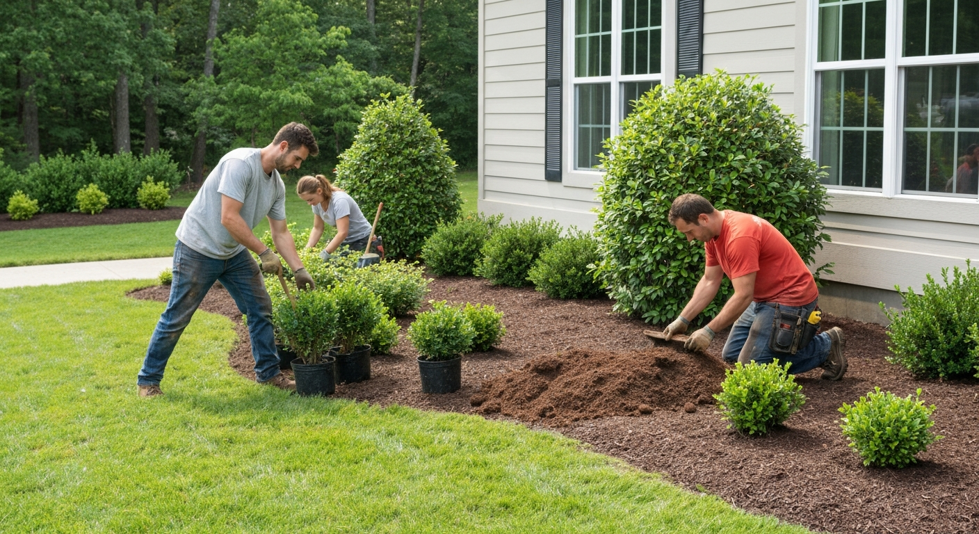 Professional landscapers installing plants and mulch at a residential property