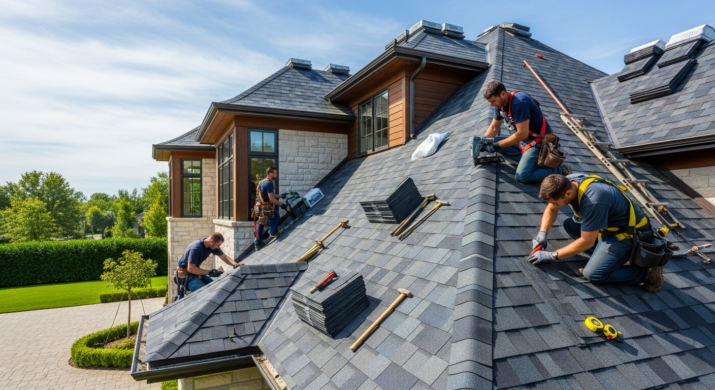 Roofing contractor inspecting a residential roof
