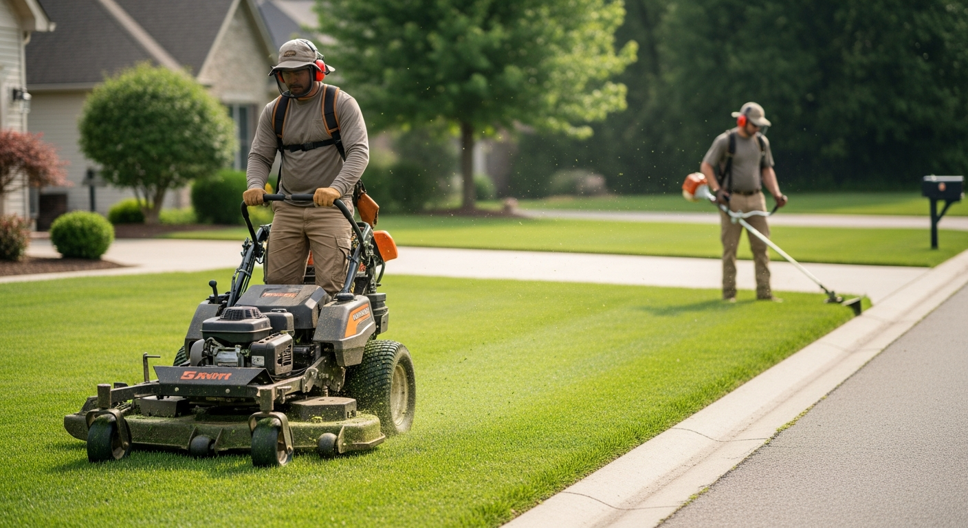 Professional lawn care worker mowing a residential property