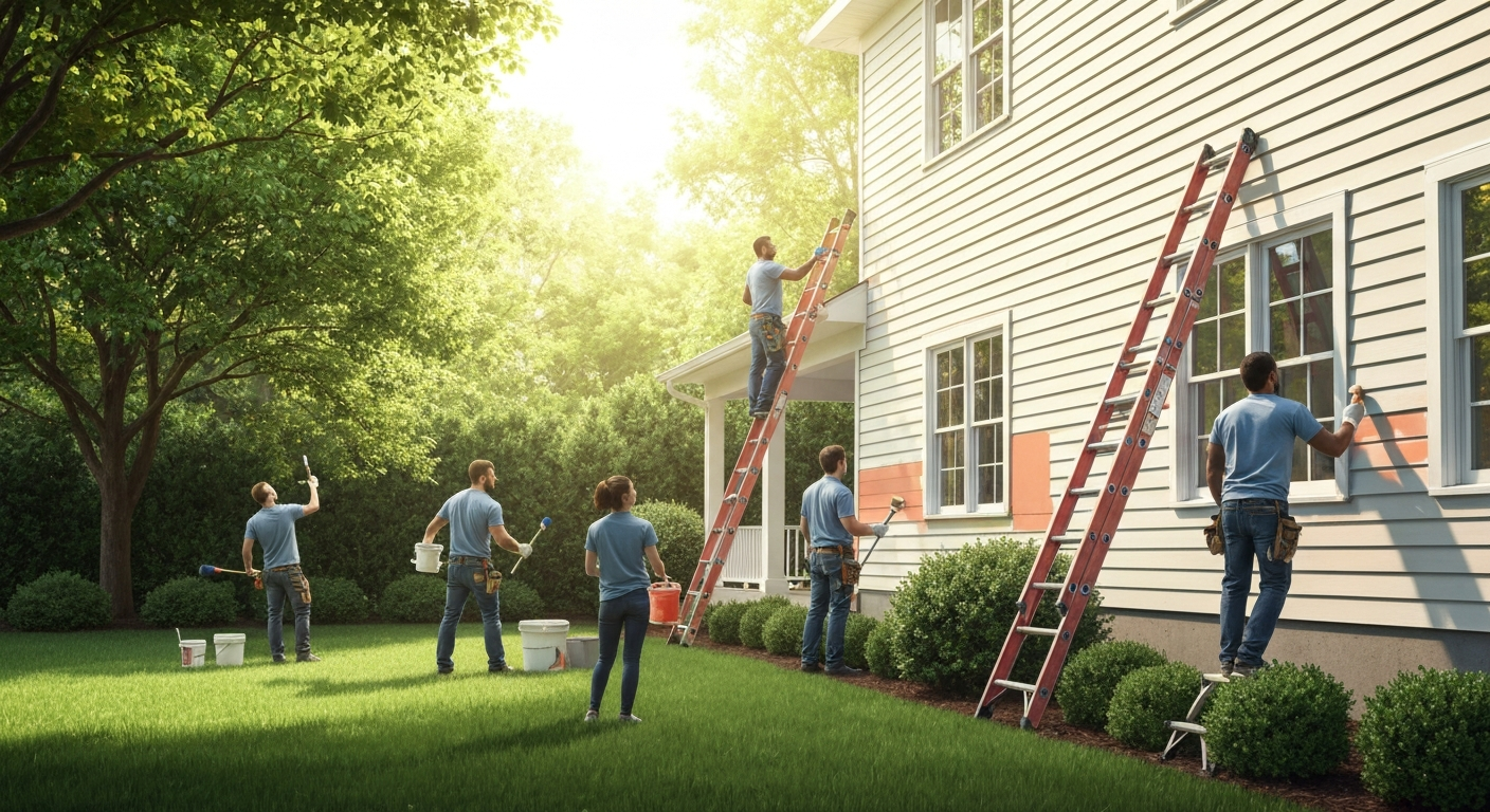 Professional residential painters applying exterior paint to a home