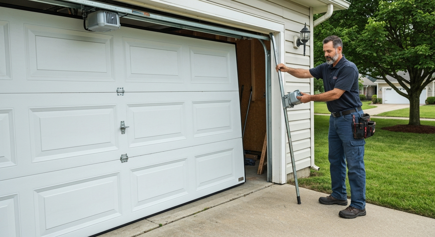 Professional garage door technician repairing a residential garage door
