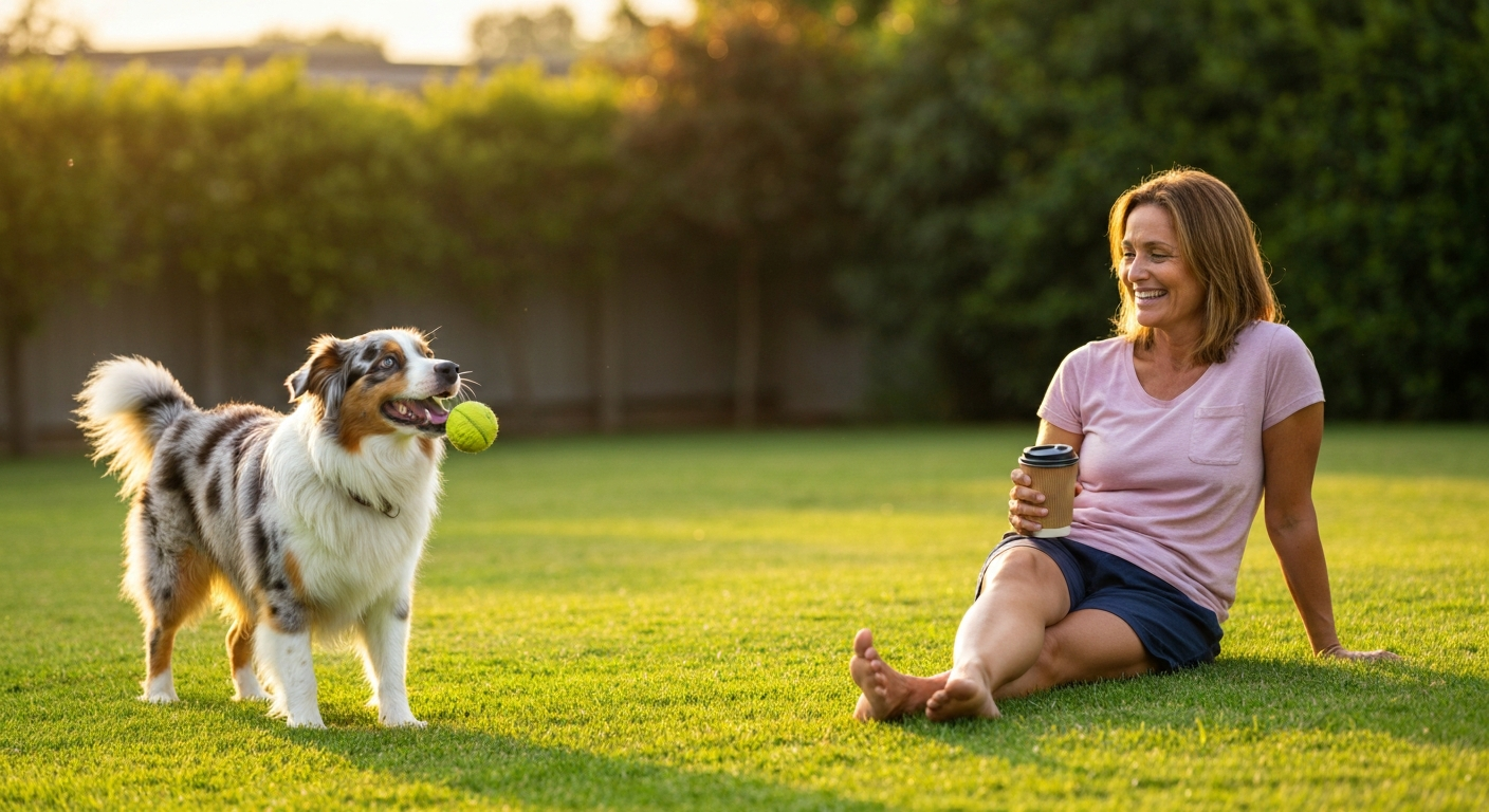 Happy pet owner relaxing in a clean, safe backyard with their dog
