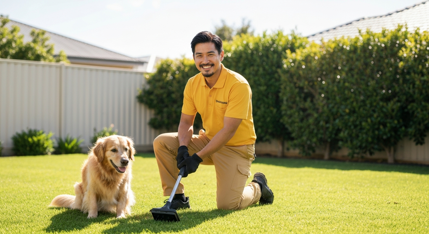 Professional dog waste removal technician servicing a backyard
