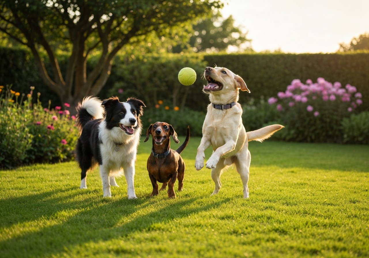 Happy dogs playing in a clean yard