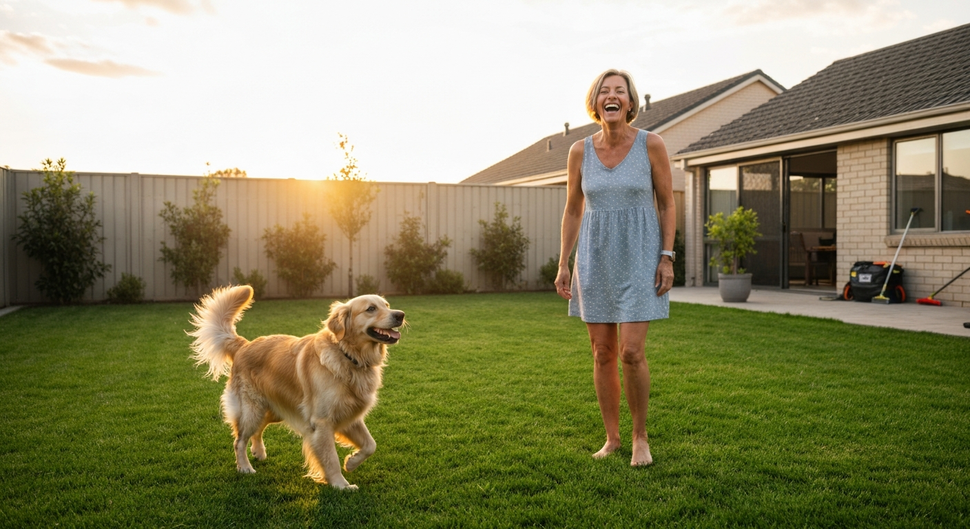 Happy pet owner enjoying a clean, safe backyard with her dog